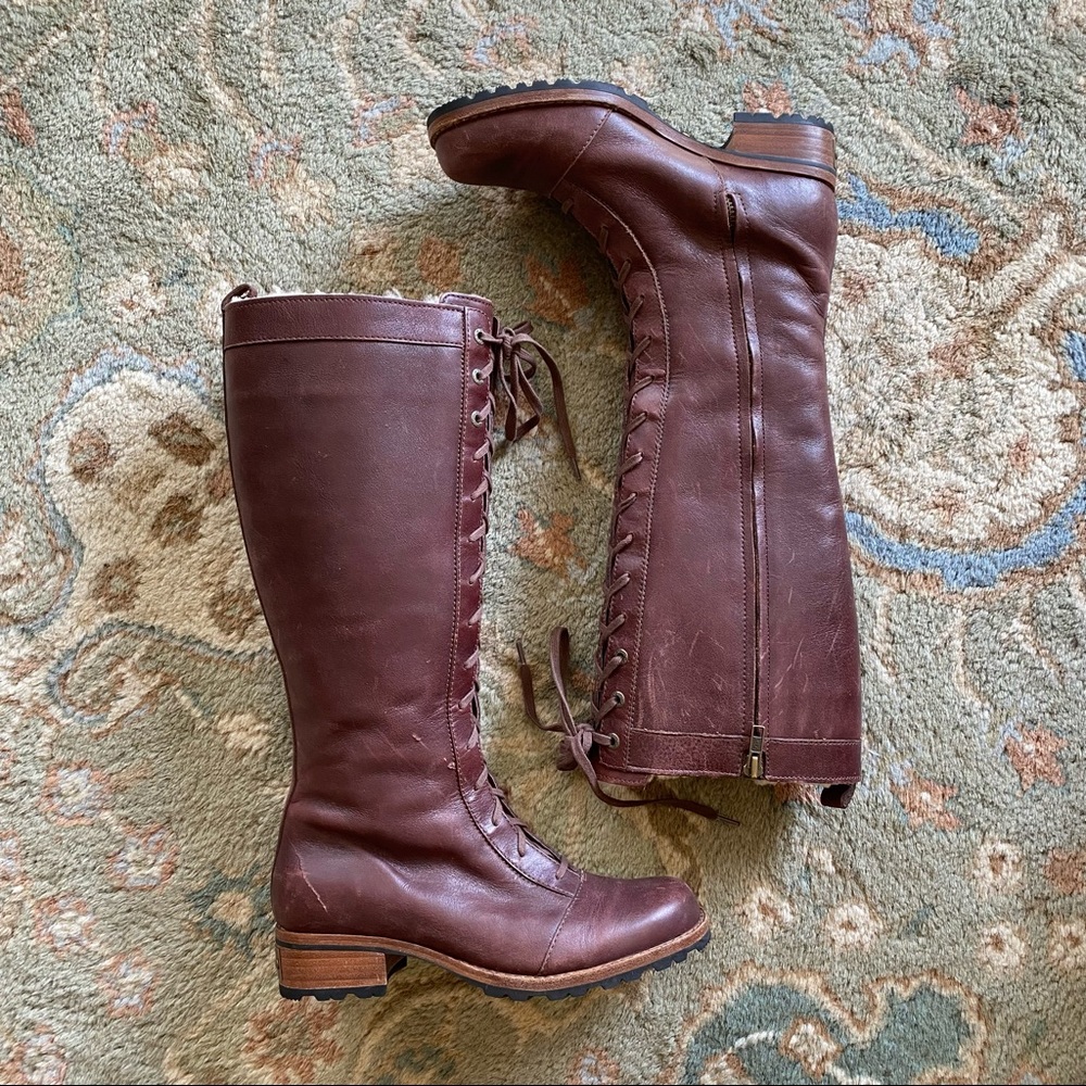 Genuine leather shearling lace up UGG tall boots